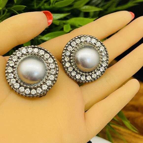 Chunky Faux Pearl Rhinestone Earrings 80s 90s Runway Silver Tone Y2k 1155 - Picture 2 of 5